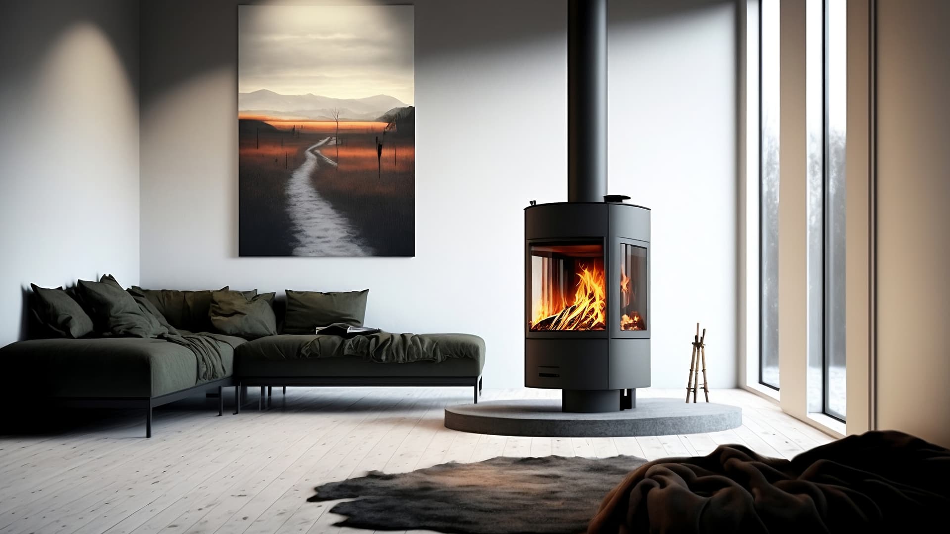 Interiörbild på ett vardagsrum med en soffa och kamin.