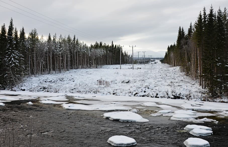 Breddad elledning med Dammån i förgrunden och Bydalsfjällen i fjärran