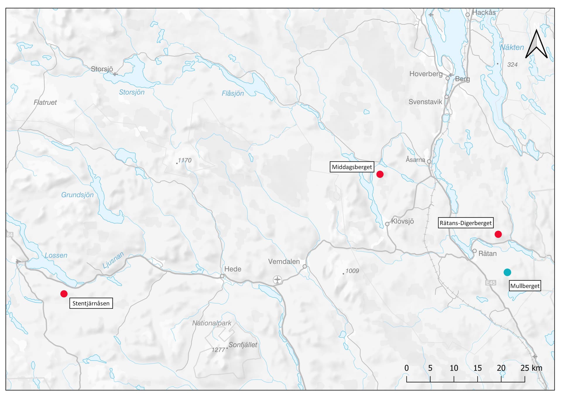 Vindkraftsparken Stentjärnåsen ligger i Härjedalens kommun, Middagsberget och Digerberget ligger i Bergs kommun. Vindkraftsparken Mullberg (blå/grön prick) ägs sedan tidigare av Jämtkraft och Persson Invest.