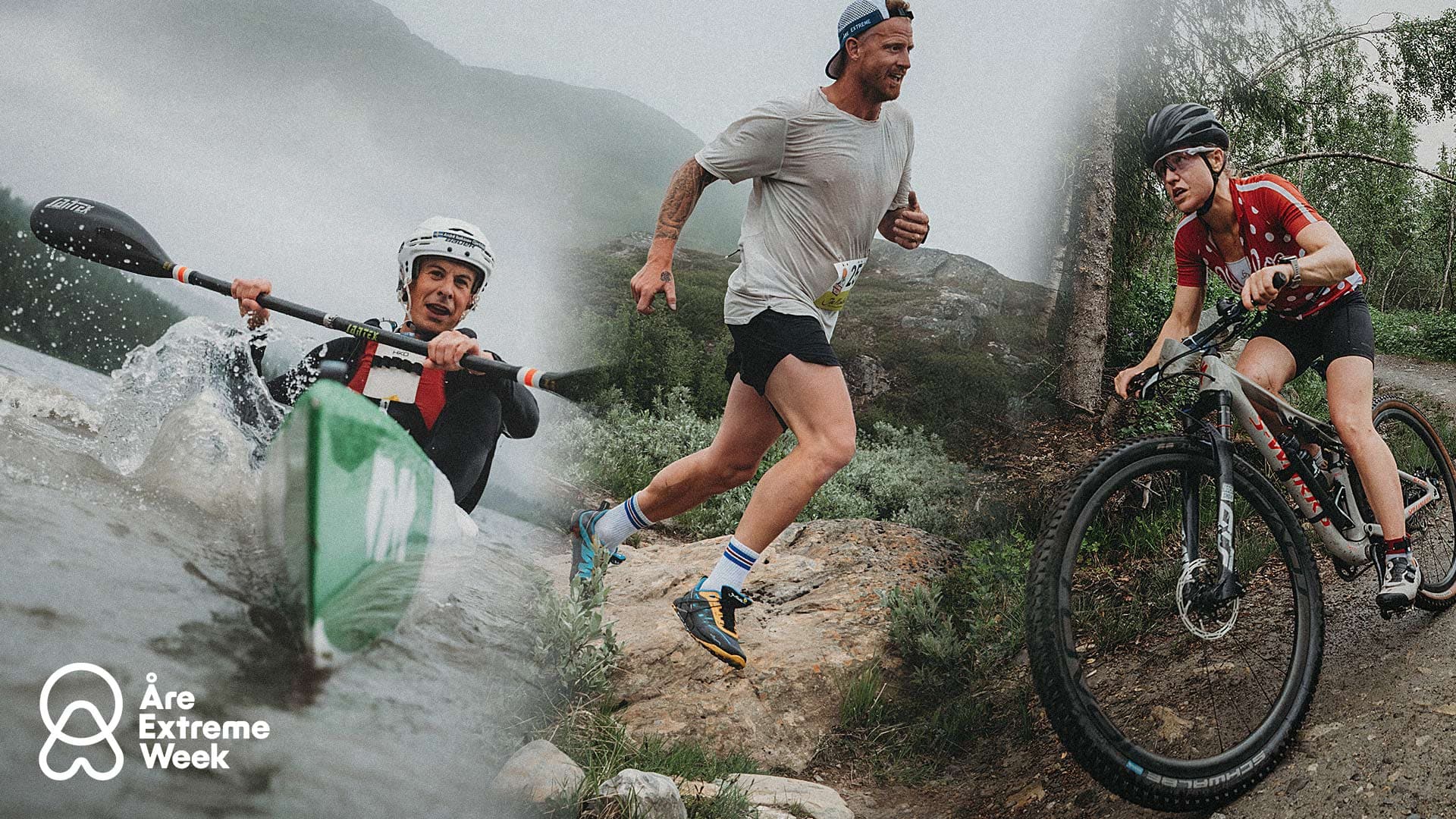 Bild från Åre Extreme där tre personer paddlar, springer och cyklar MTB.
