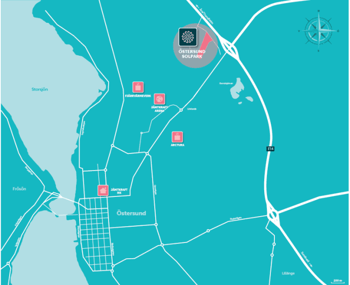 Östersund Solpark byggs på området mellan Jämtkraft Arena och E14. Solparken blir en av Sveriges största med en effekt på 3 MW och cirka 10 000 paneler.