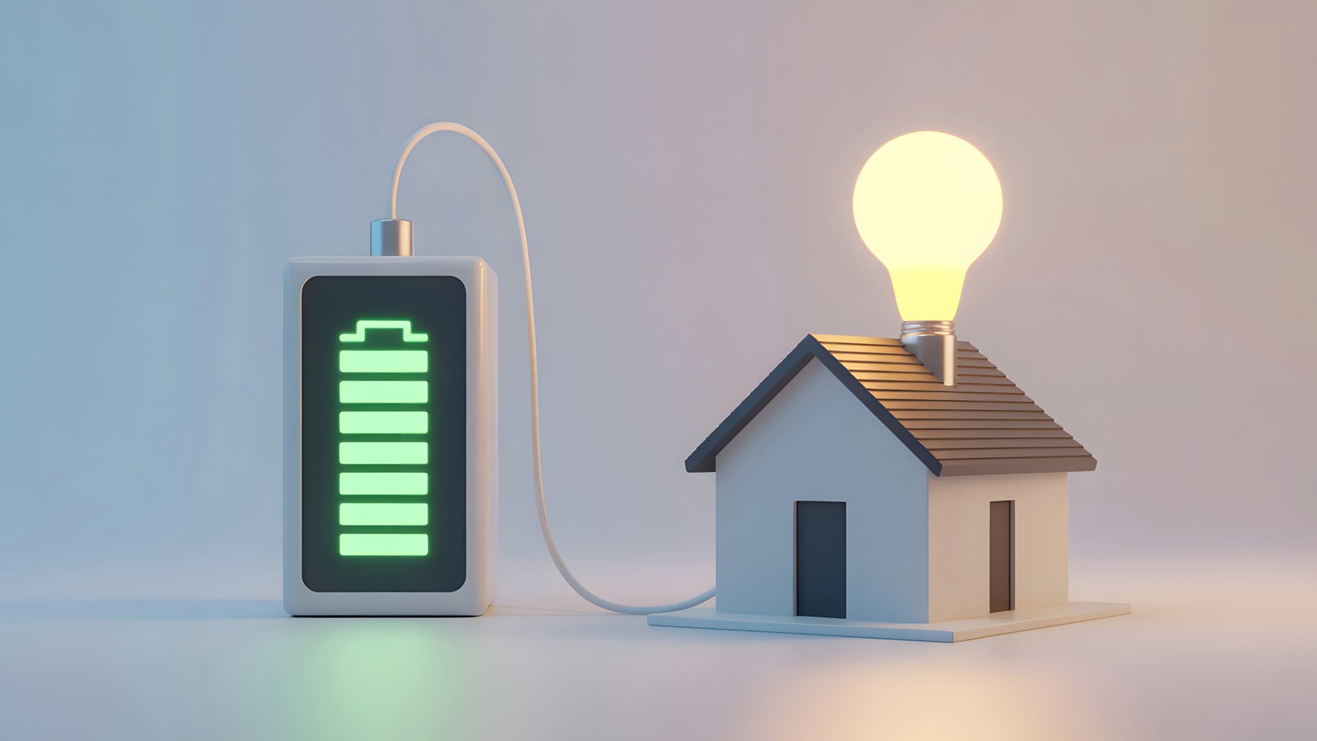 En illustrerad bild med ett batteri som går till ett hus.