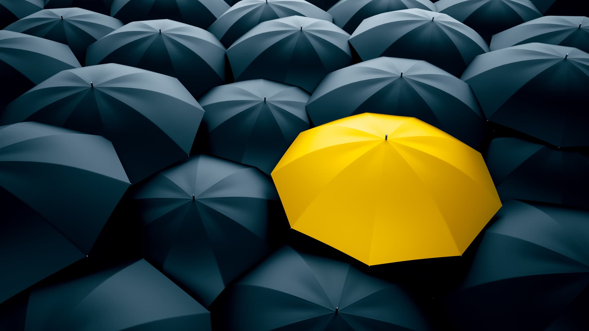 En illustration av flera utfällda paraplyer. Alla paraplyer är svarta förutom ett som är gult.