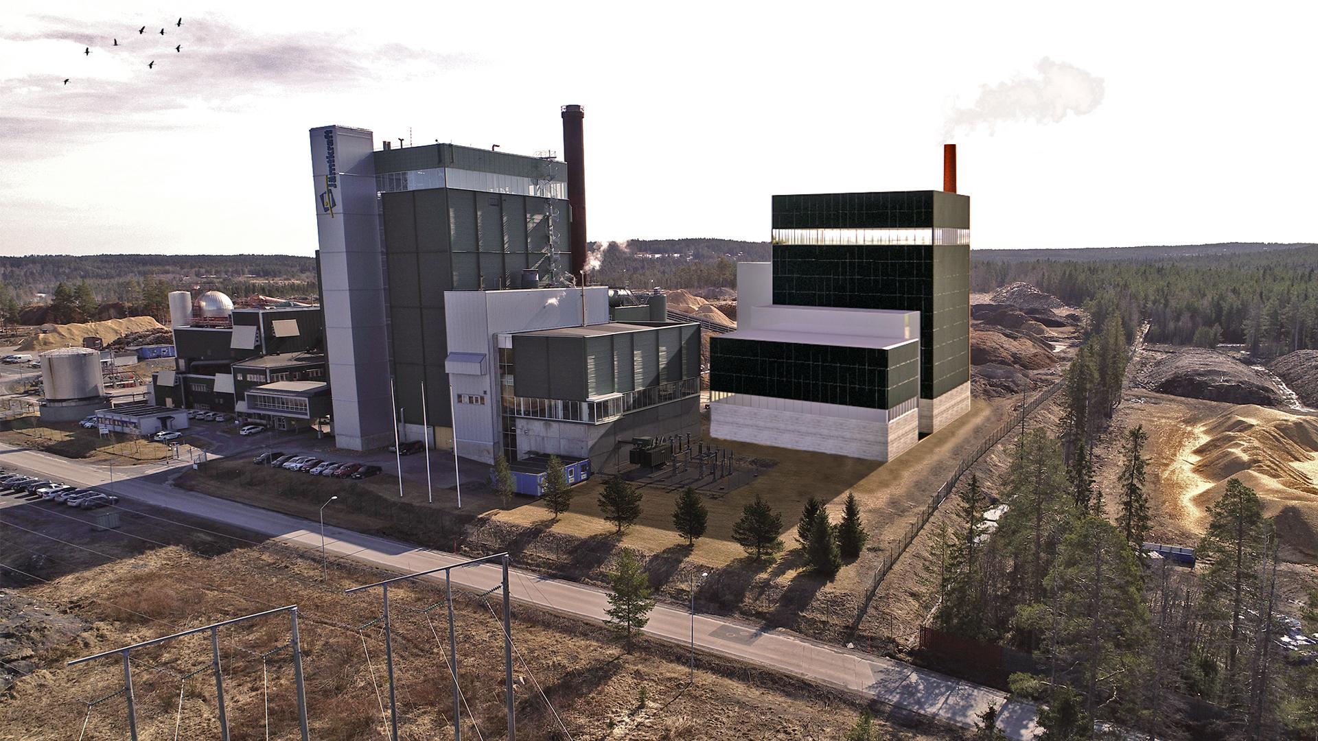 Illustrationen visar ett förslag på hur ett nytt kraftvärmeverk i Lugnvik skulle kunna komma att utformas.