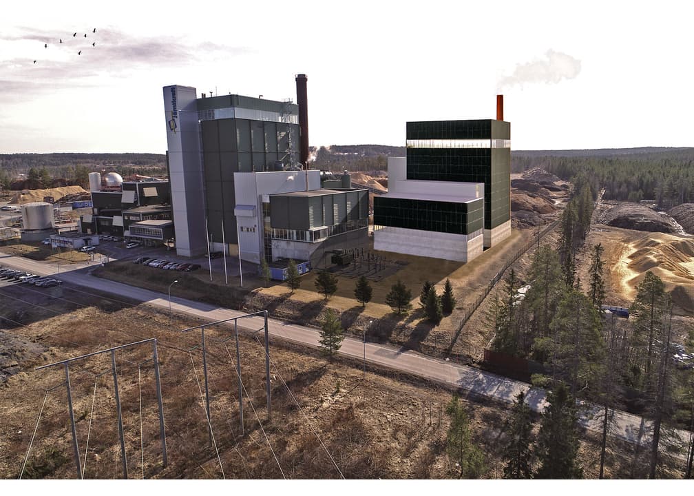 Skiss över det nya kraftvärmeverket. Den svarta byggnaden till höger i bilden är den nya anläggningen.