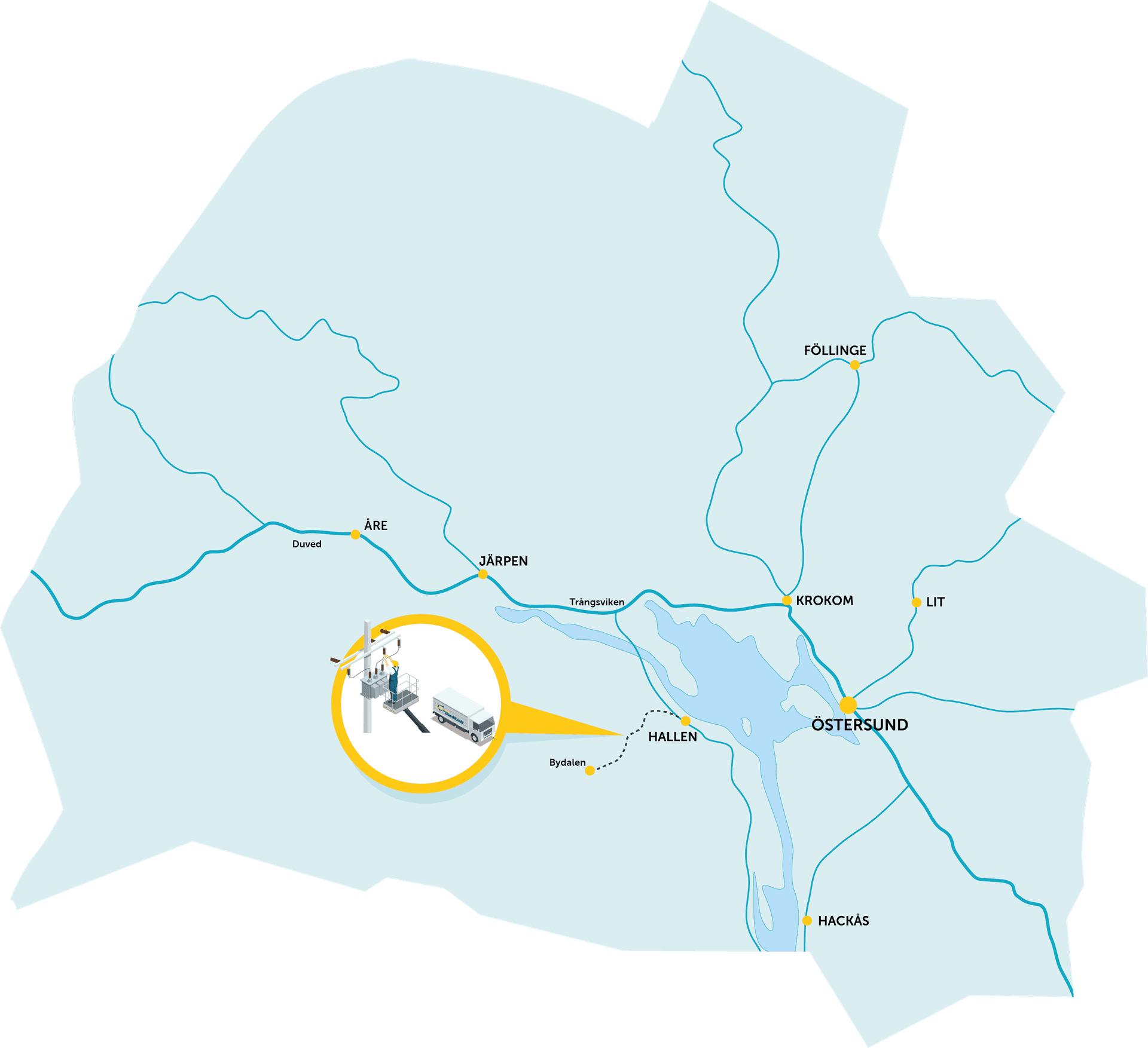 Karta över det förnyade elnätet från Hallen till Bydalen