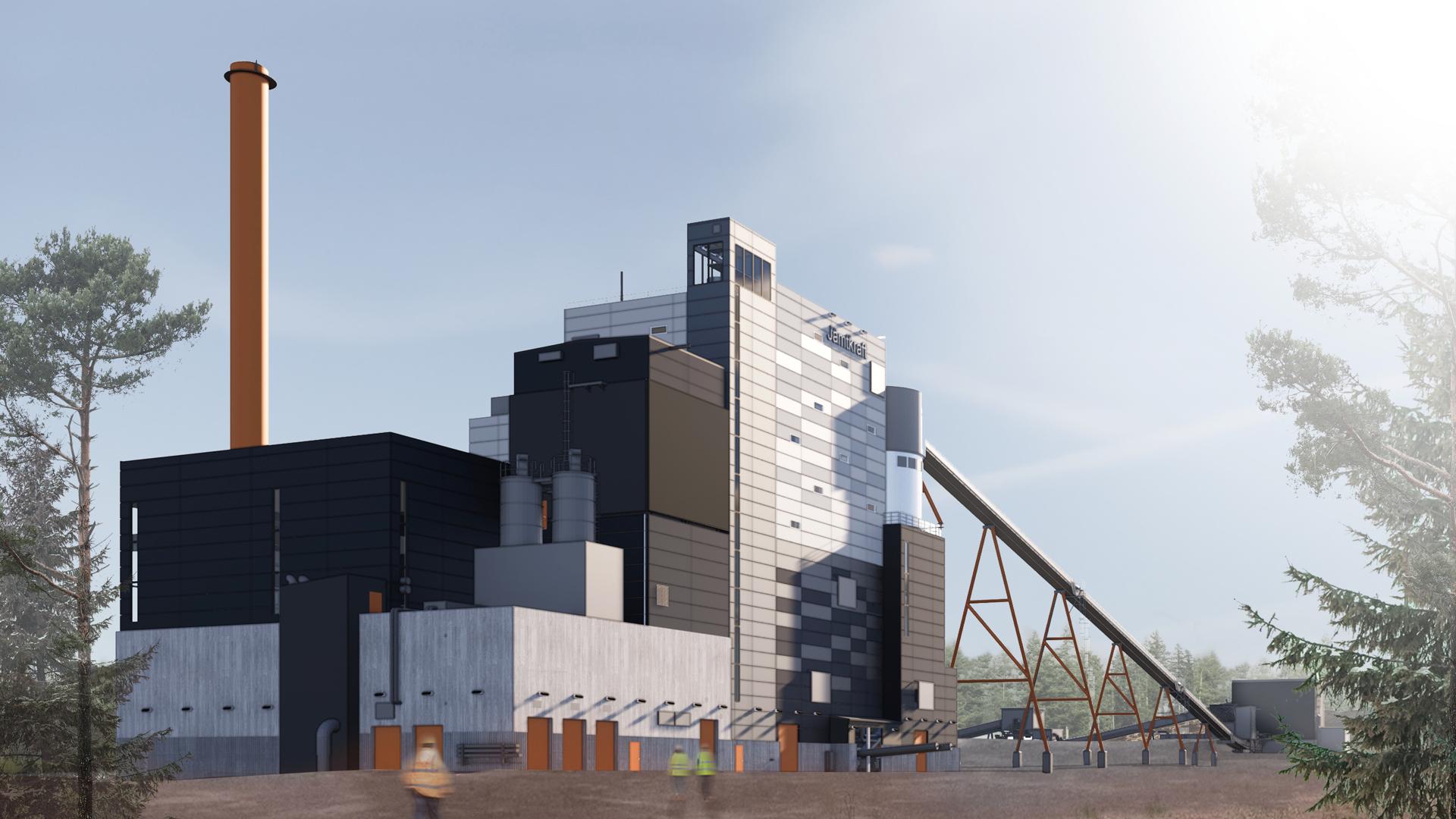 Illustration av Jämtkrafts nya kraftvärmeverk i Lugnvik ur ett markperspektiv.