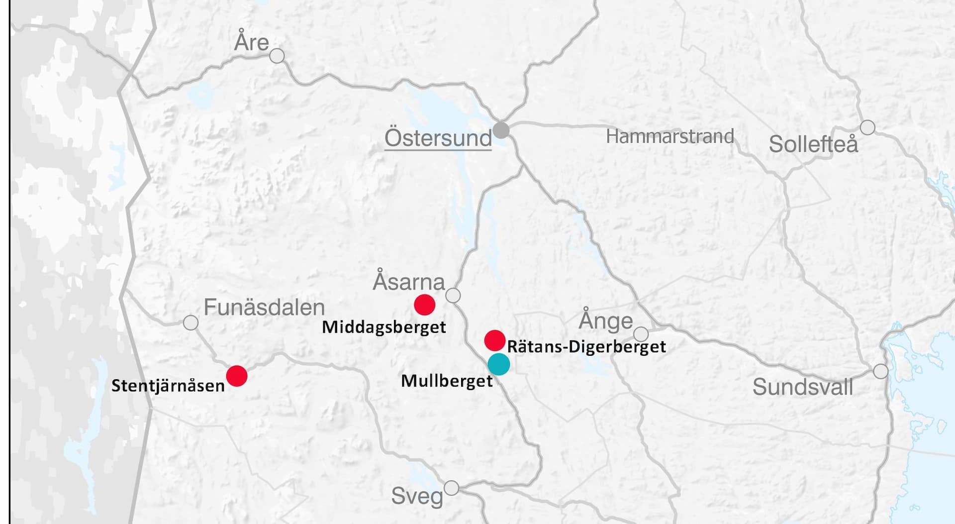 Middagsberget och Digerberget ligger nära Jämtkrafts och Persson Invests vindkraftspark Mullberg  (blå/grön prick), vilket ger samordningsvinster.