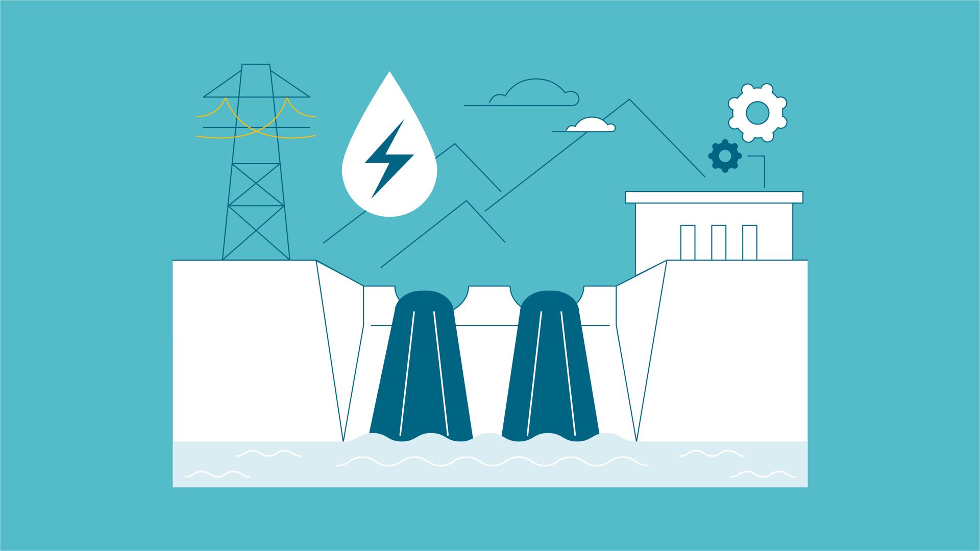 Illustration av hur vattenkraftverk fungerar.